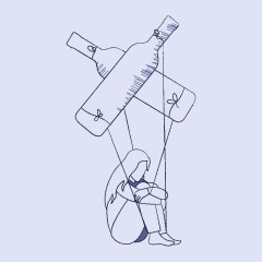 Portada de Narcotráfico y el consumo de drogas escolar, apunte de política pública de IdeaPaís, mostrando una ilustración de una persona sentada en el suelo y atada con hilos a dos botellas que flotan sobre ella.