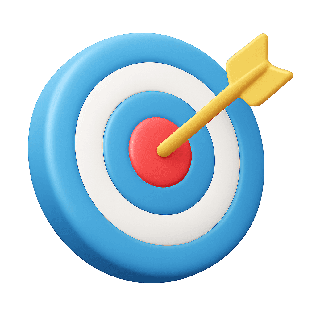 A blue and white target with a red center, featuring an arrow striking the target.