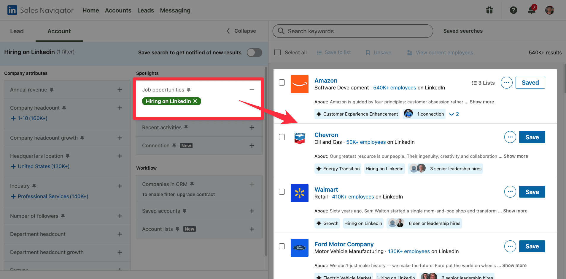 Hiring on LinkedIn filter on LinkedIn Sales Navigator