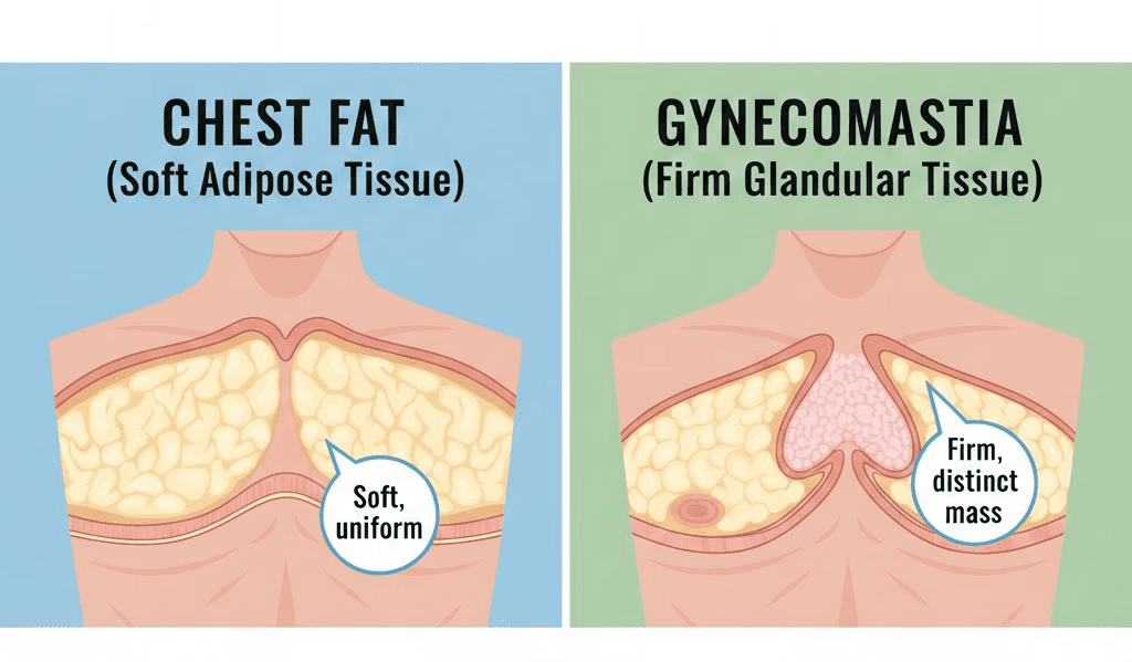 An anatomical diagram comparing chest fat (soft adipose tissue) on the left with gynecomastia (firm glandular tissue) on the right, highlighting the difference between soft, uniform fat and a firm, distinct mass.