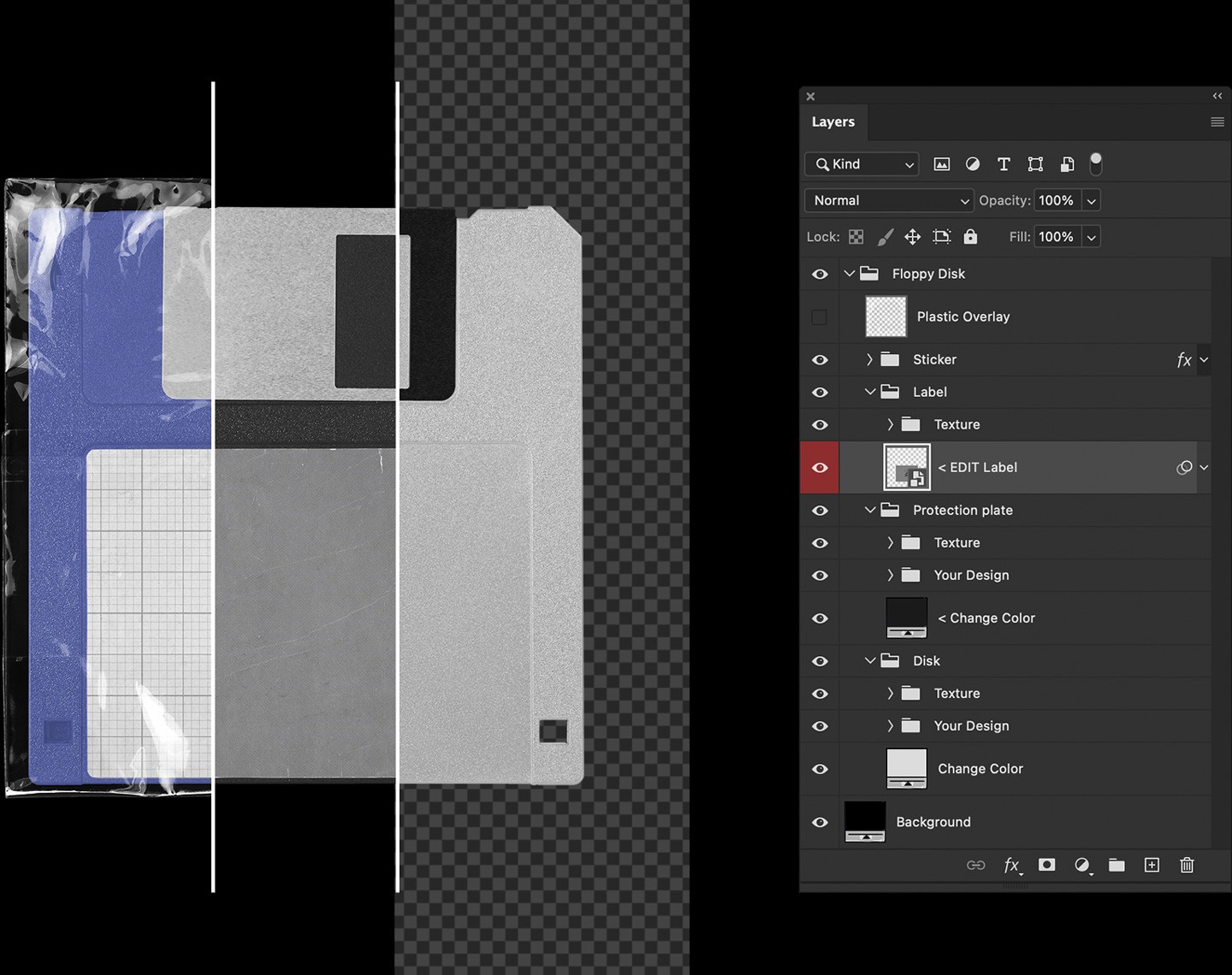 Vintage Floppy Disk 3.5 Inch Mockup demonstration of the organized Photoshop layers and smart object editing