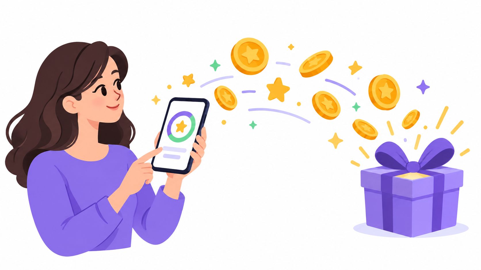 Una mujer sonriente utilizando su teléfono móvil para obtener recompensas virtuales y regalos digitales en línea.
