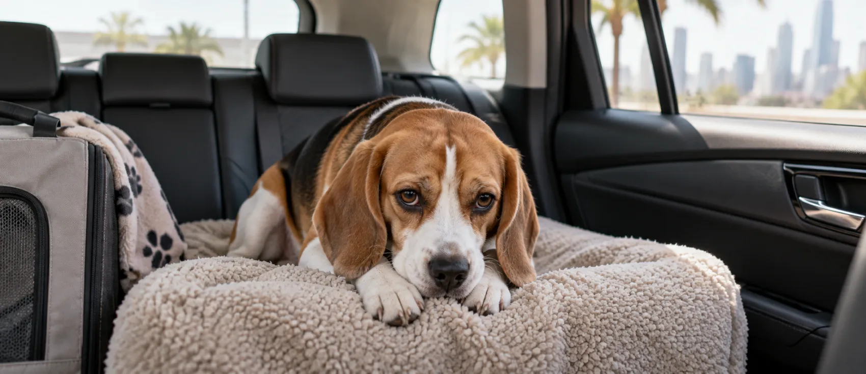 A Beagle lies uneasily on a car seat, ears low, during a ride through Dubai.