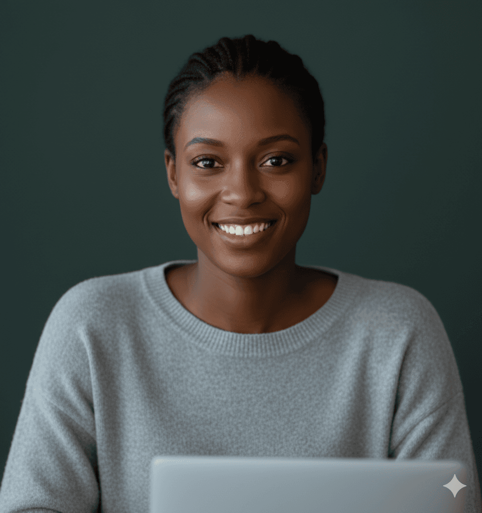 Smiling young woman sitting at a laptop, in front of a dark green wall.