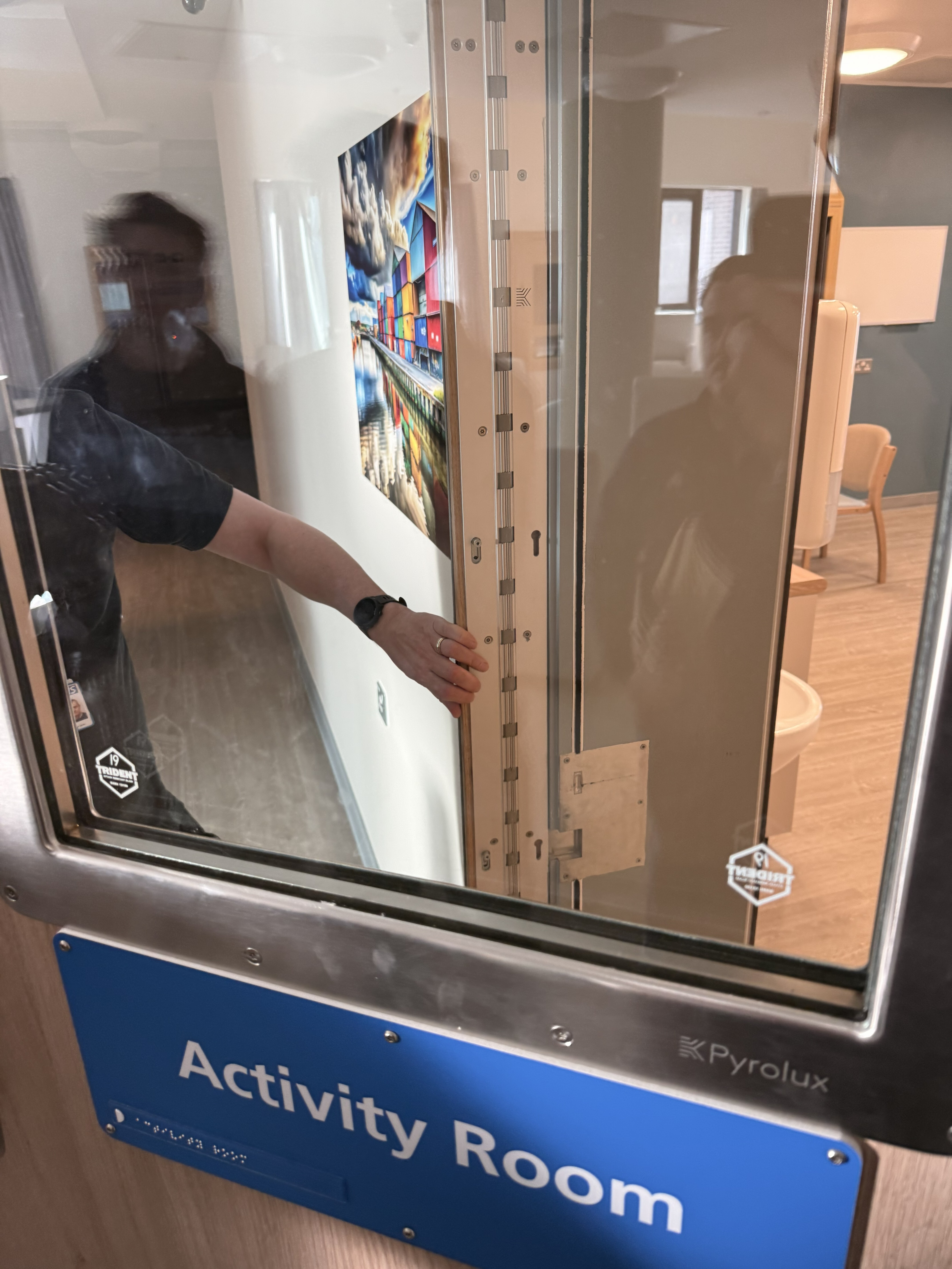 An anti-barricade door at Norton Lea's Activity Room