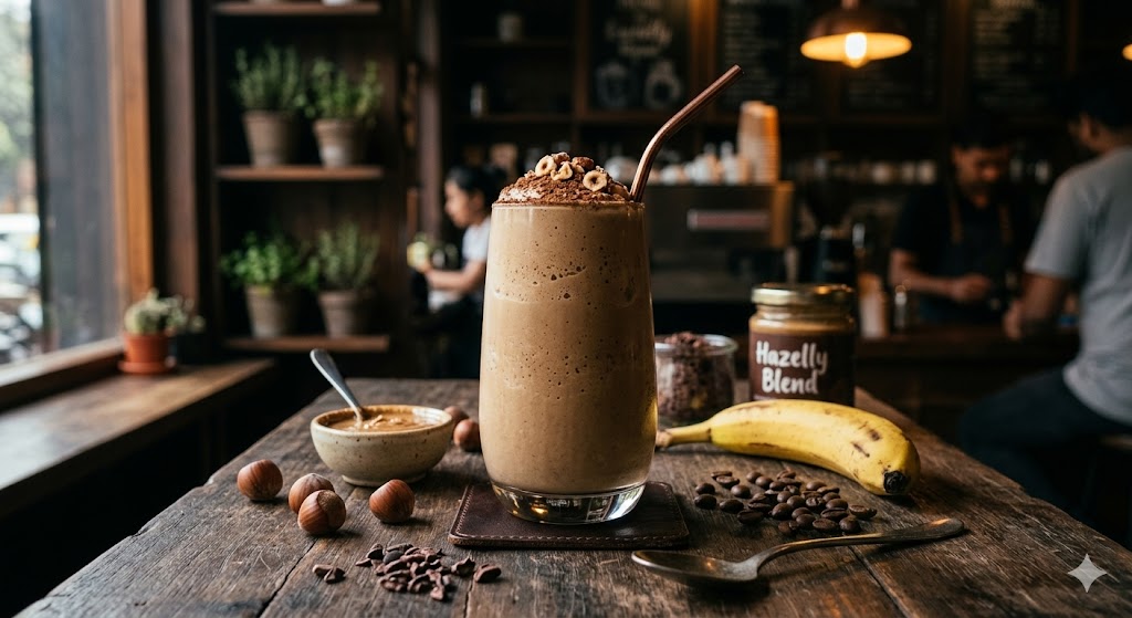 A creamy coffee smoothie in a tall glass, styled like a frappé, topped with a dusting of cocoa powder and whole roasted hazelnuts. The glass is set on a rustic dark wood café table with coffee beans, a banana, and a jar of hazelnut butter nearby, captured in moody café-style lighting for an energizing breakfast vibe.