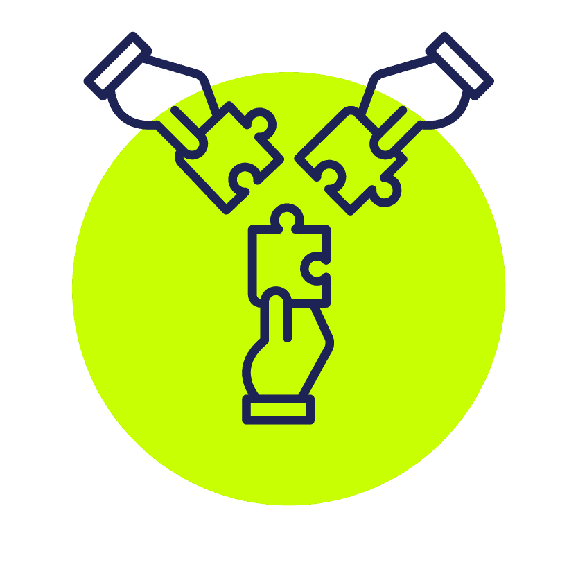 Three hands fitting jigsaw puzzle pieces together