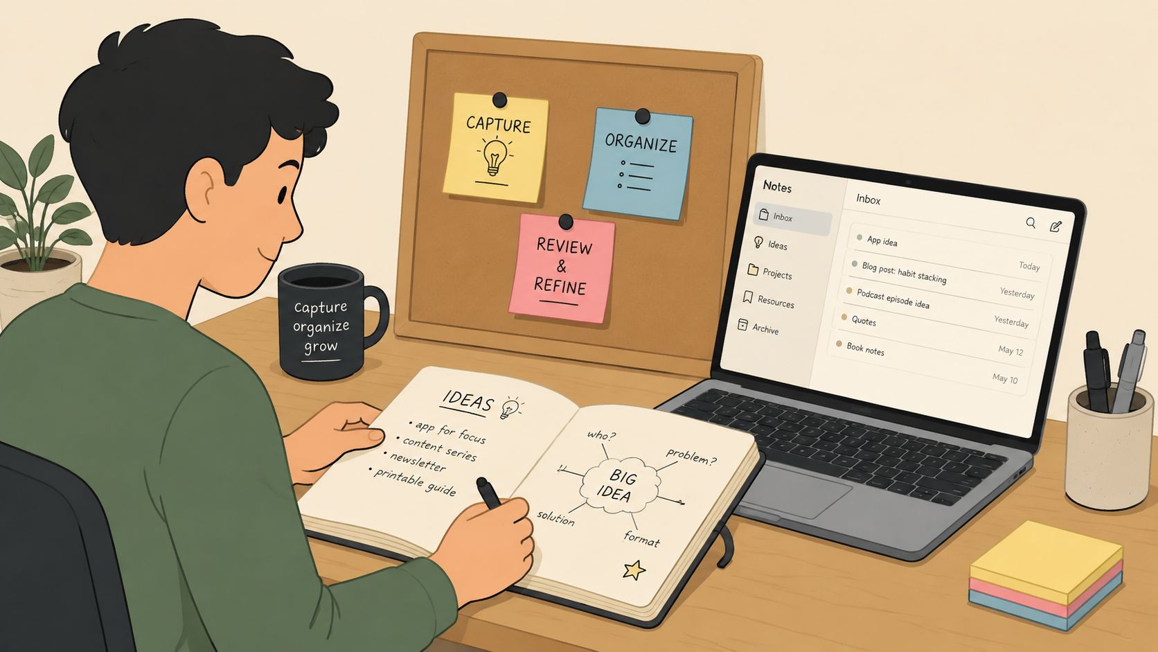 A young man sits at a desk, capturing and organizing creative content ideas in a notebook.