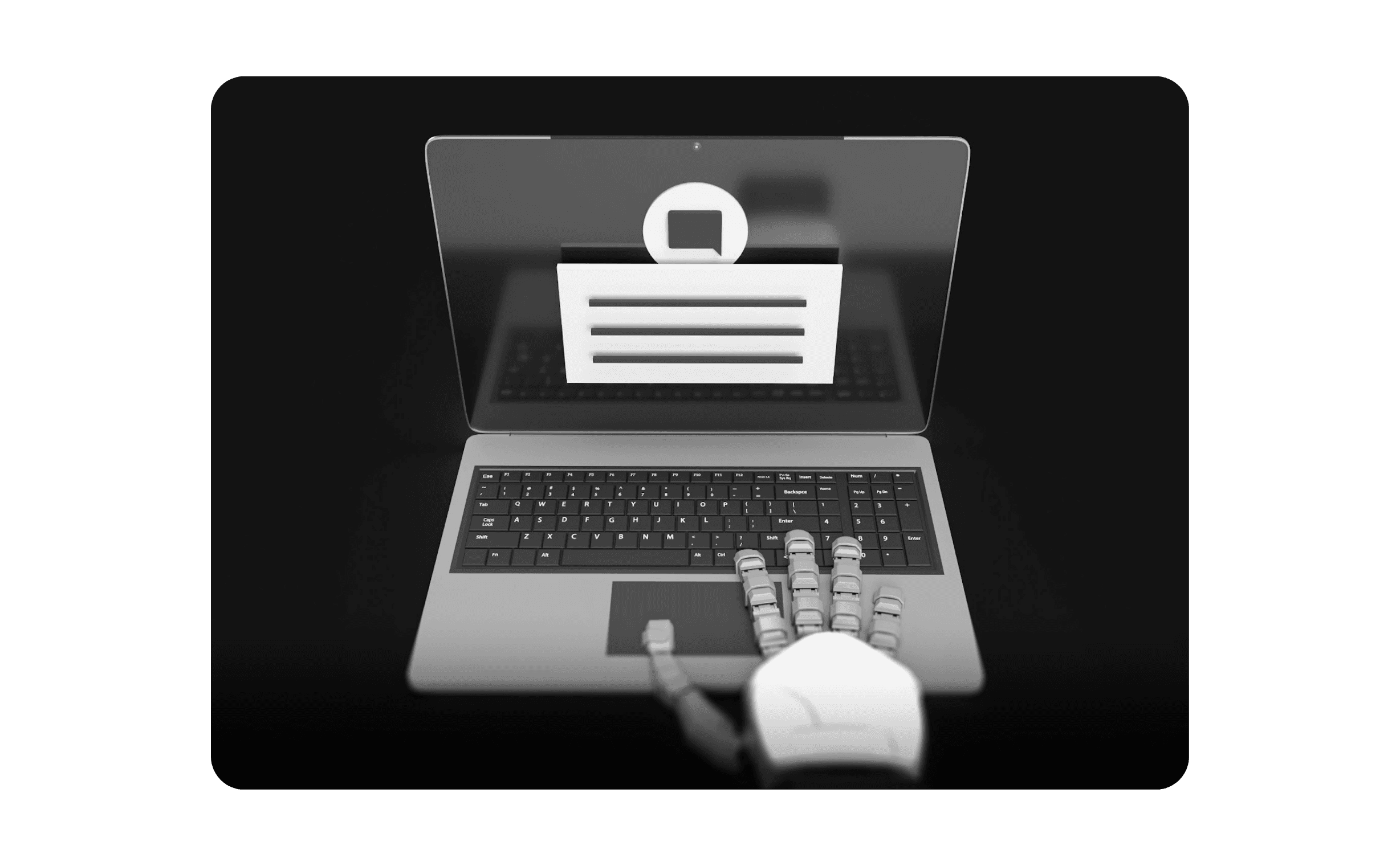 Main robotique utilisant un ordinateur pour illustrer l'impact des recommandations IA sur les marques B2B avec 0.1Lab.