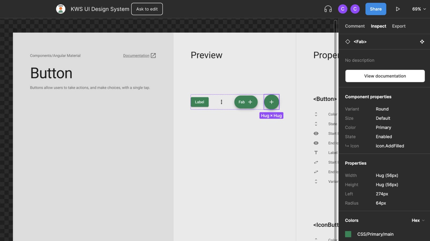Screenshot of the KWS FAB component in Figmas inspection mode for developers