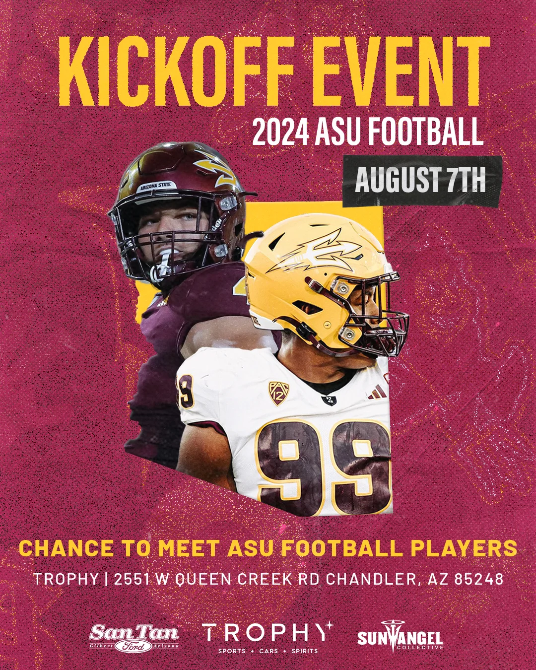 A promotional flyer for a 2024 ASU Football kickoff event on August 7th at Trophy in Chandler, AZ.