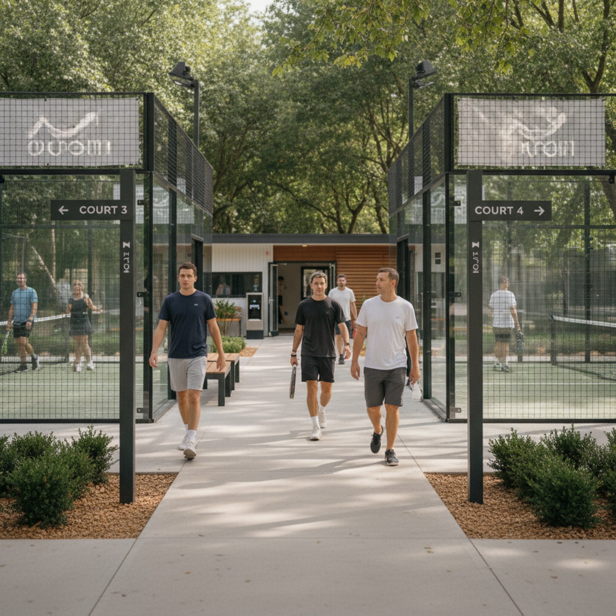 Ein Weg zwischen nummerierten Courts mit klaren Schildern, die zu Court 3 und 4 weisen. Sonnenflecken wandern über den Boden, eine leichte Brise bewegt ein Banner am Zaun. Man sieht die Anlage als Ganzes und orientiert sich intuitiv am Raum.