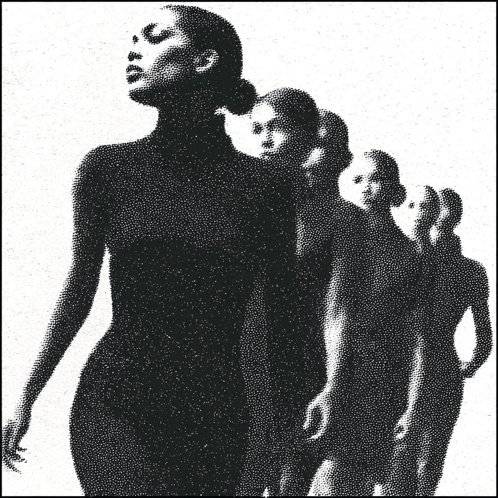 Aventi Studio Campaign Finale: Group formation of models wearing coordinated deconstructed streetwear. Backlit by a massive light wall creating strong rim-lit profiles. Monumental scale composition demonstrating coherent collection design and stylistic unity across multiple subjects.