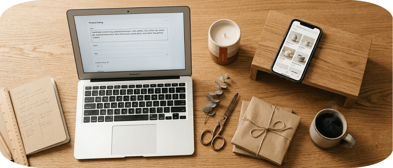 Etsy seller writing a long product listing title on a laptop, with a phone showing search results and handmade goods on an oak workspace
