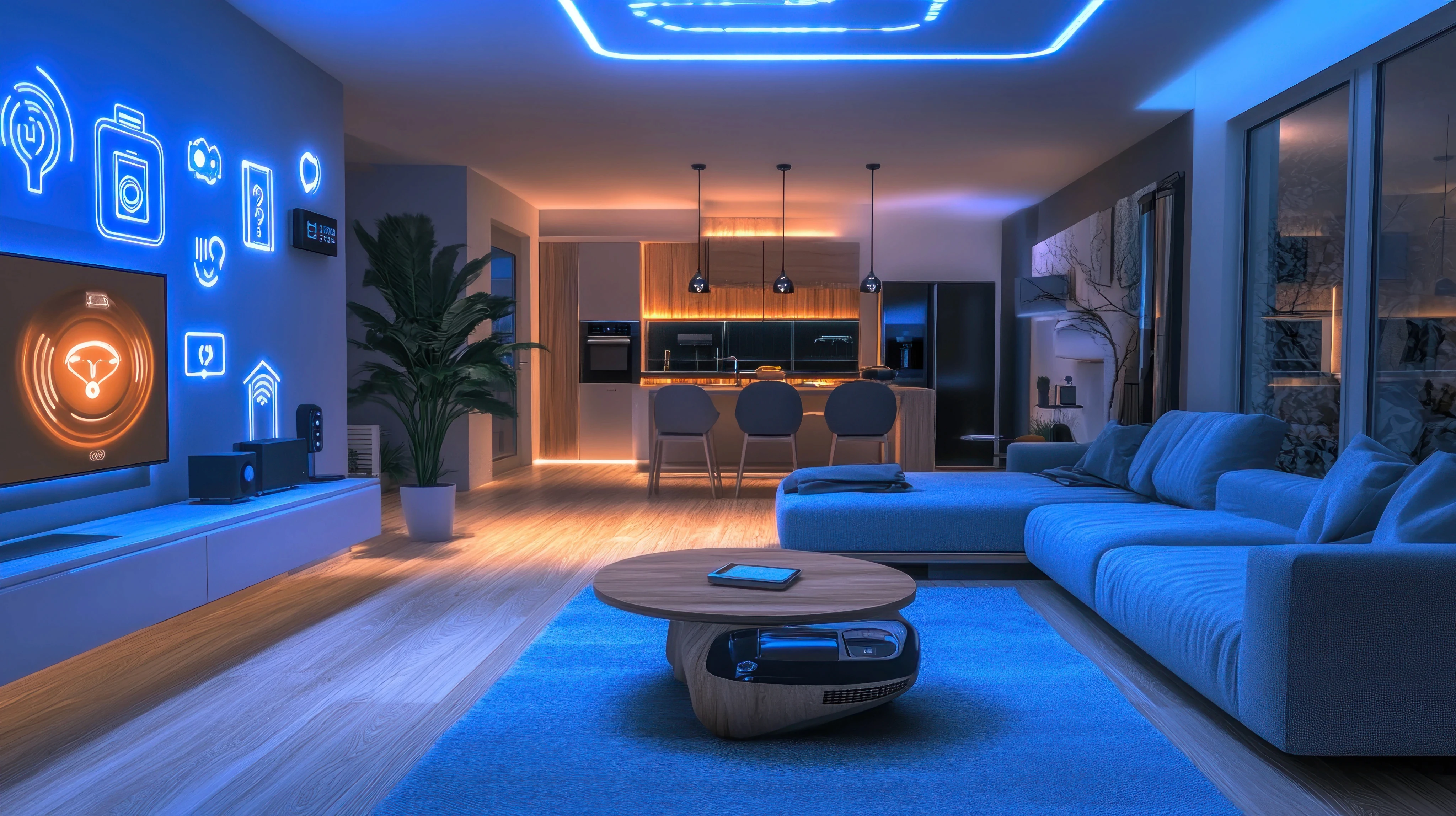Contemporary living room interior illuminated with vibrant blue smart lighting at night.