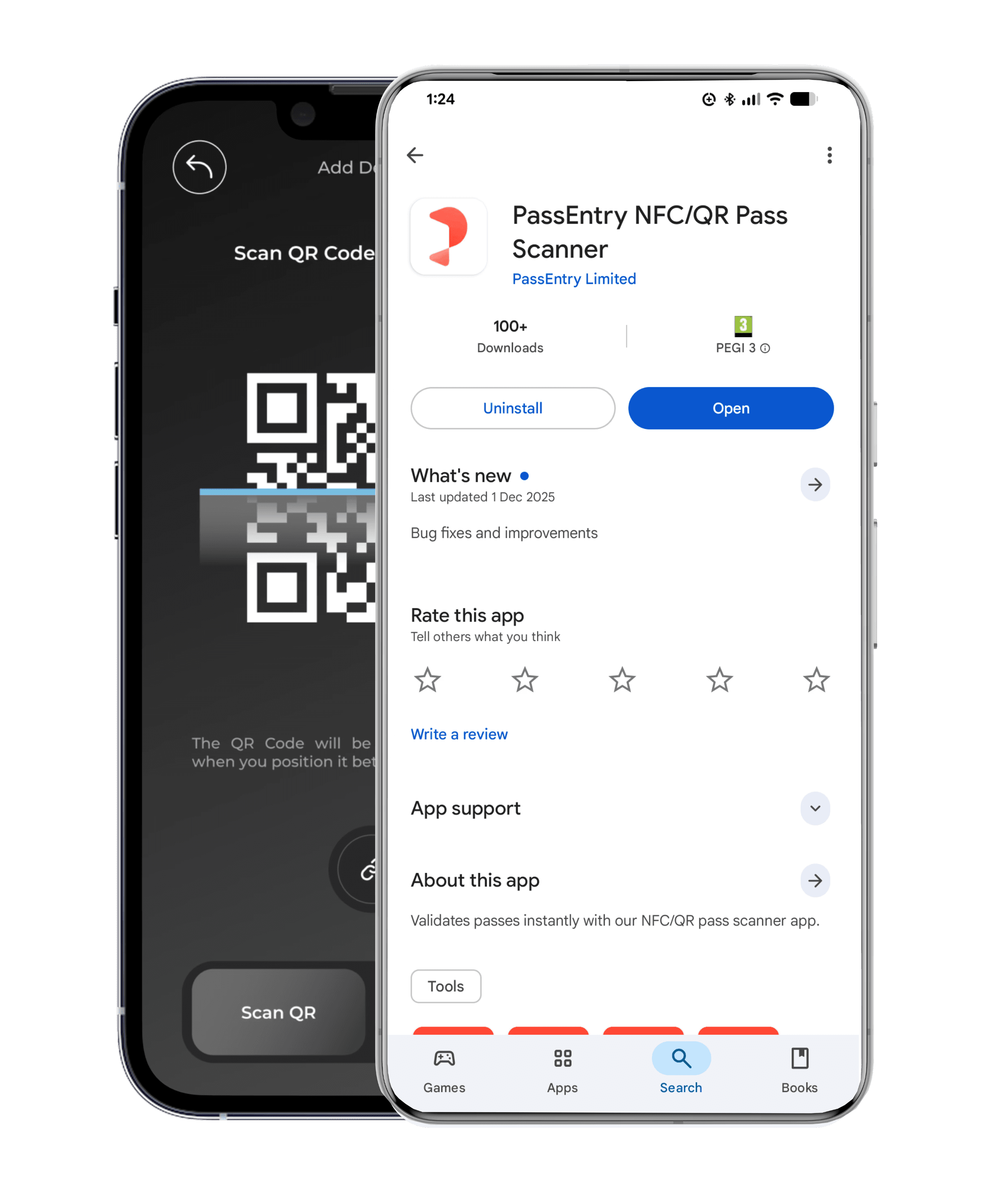 Android phone showing PassEntry NFC and QR pass scanner app in use