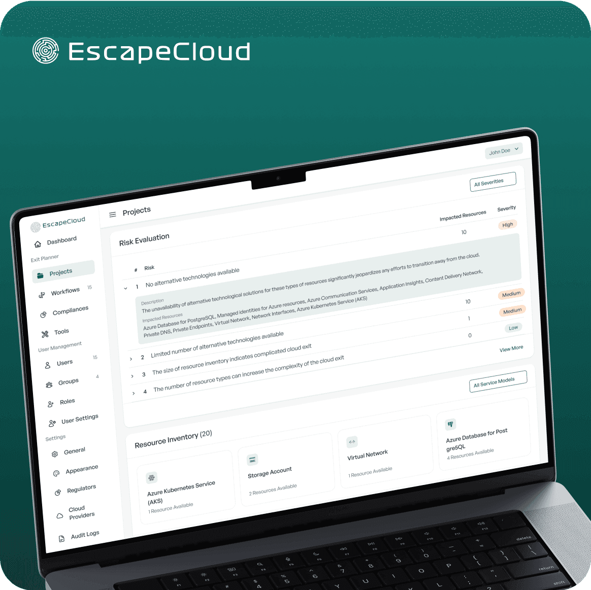 Mockup of EscapeCloud platform displaying tools for cloud risk assessments and enterprise audits.