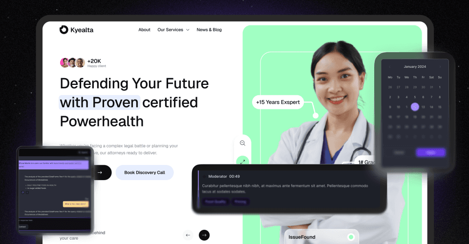 iPad displaying medical dashboard welcoming back Tyra with navigation tabs Home, Patients, Appointments, Doctors, Reports; widgets showing heart rate 120 bpm graph, blood cell 9.8 count, calendar January 2026; upcoming appointments for Dr. Patel and Dr. Mahmoud; recent visits section with Dr. Suhail; profile photo of woman doctor in scrubs against dark theme interface.