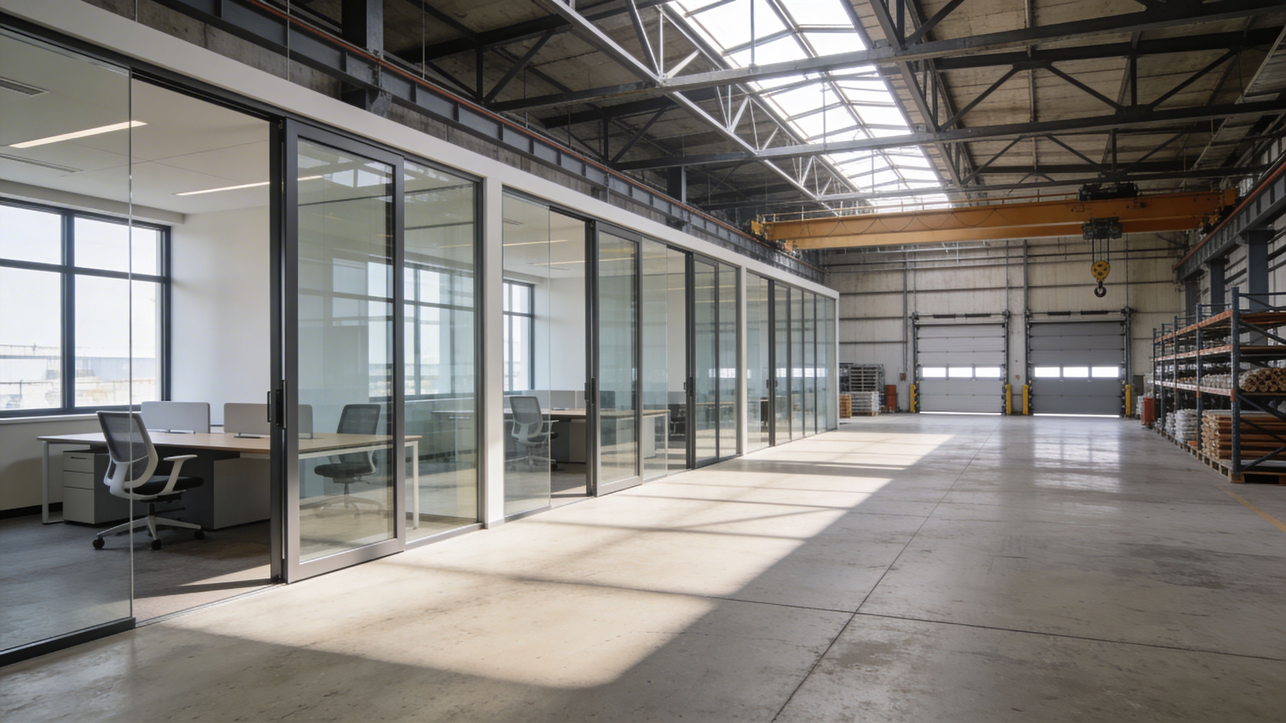 Hybrid workspace combining office cabins with a spacious warehouse floor and industrial lighting