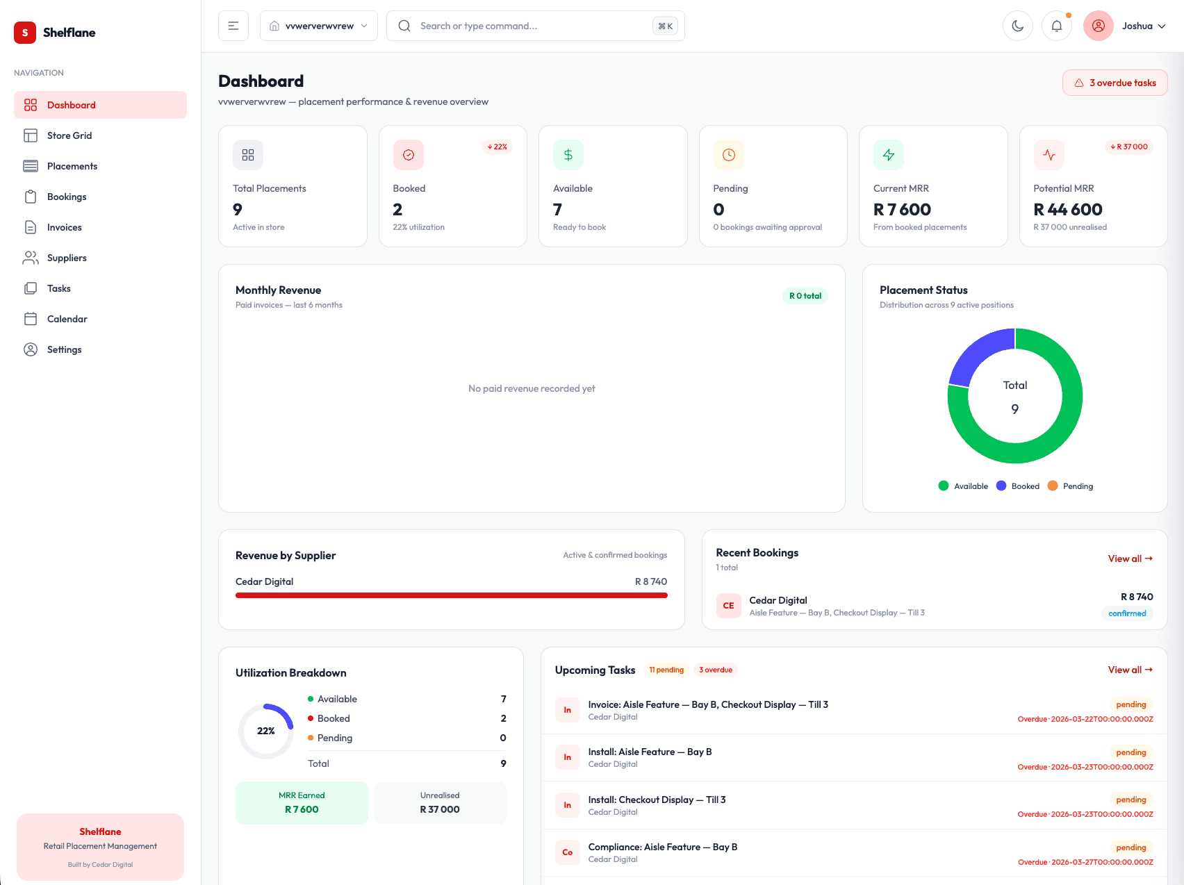 Business dashboard showing revenue, deals, customer list, growth chart, and new activity. 
