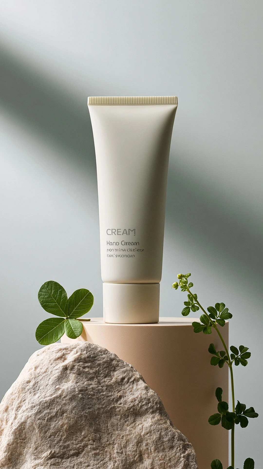 Matte cream tube on a beige pedestal and rock, accented with green sprigs against a soft, shadow-cast gray backdrop.