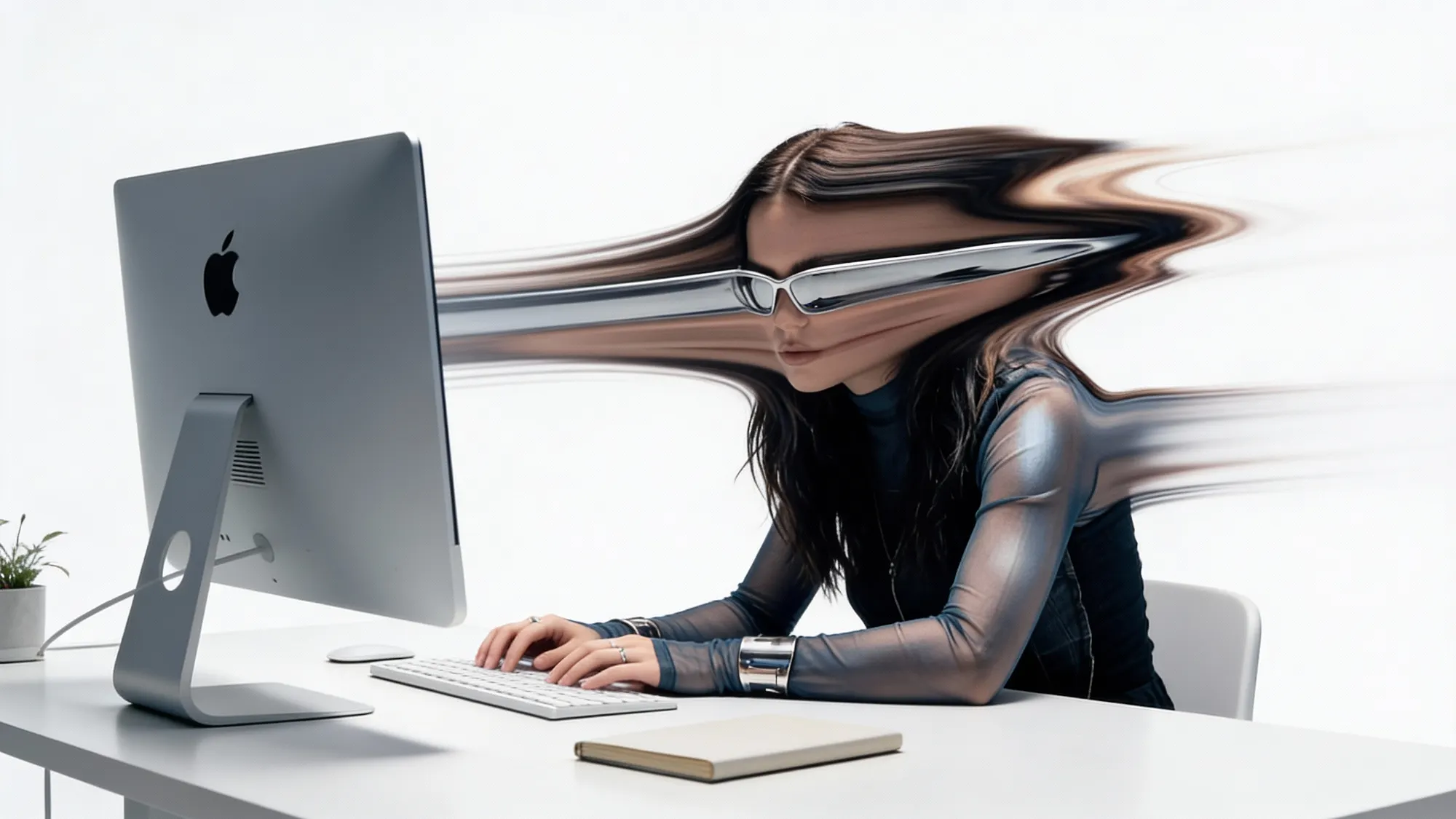 A person sits at a desk, intensely focused on a computer screen, while their face is digitally distorted and stretched toward the screen, creating a surreal effect.