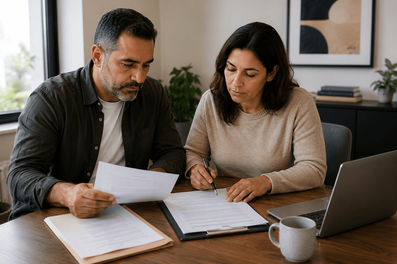 Couple reviewing and signing divorce documents together during an uncontested divorce process in Ontario.