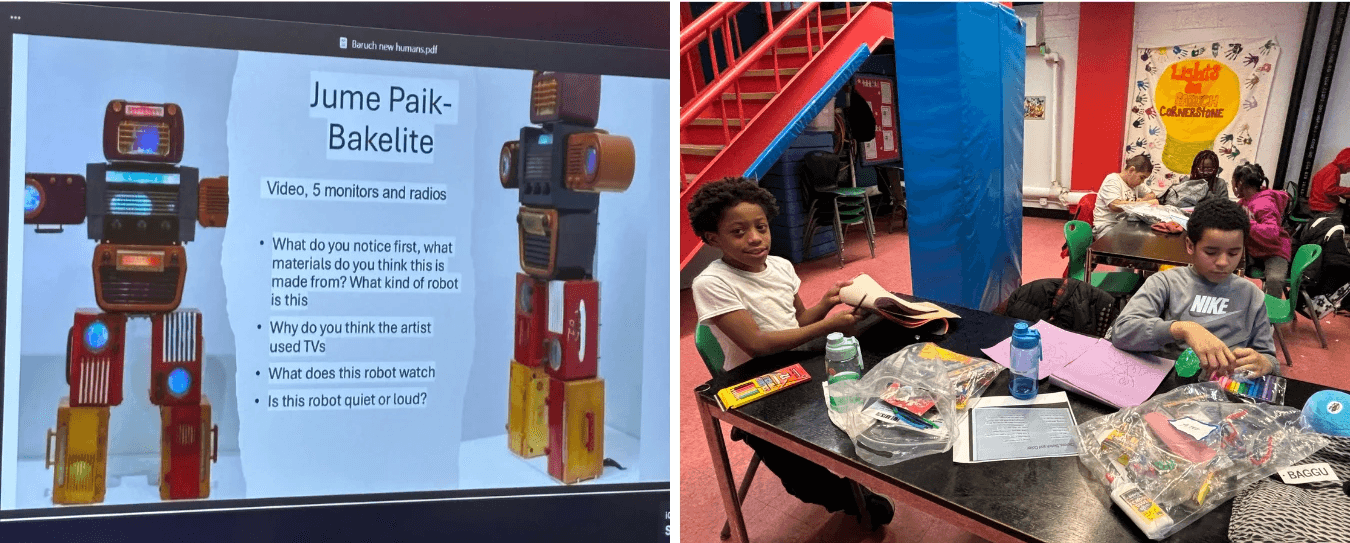 Collage of a mock design for a robot and youth participants working on their robot crafts.