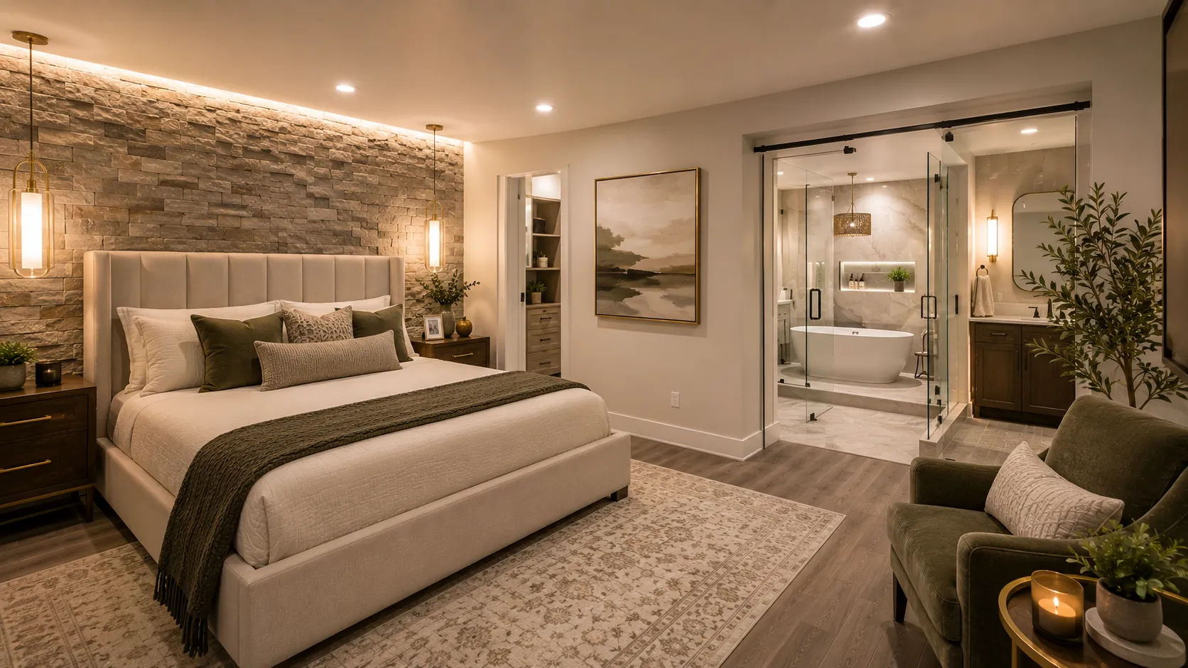 Luxury guest suite basement with stone accent wall, upholstered bed frame, visible ensuite bathroom with freestanding tub, pendant lighting, sitting area, and warm accent lighting throughout elegant space.