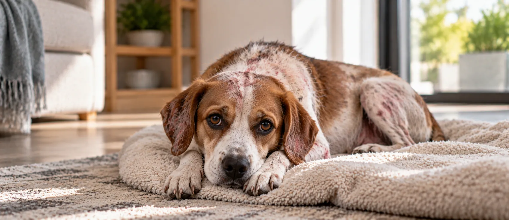A Beagle lies on a dog bed with visible hair loss and irritated, scabbed skin.