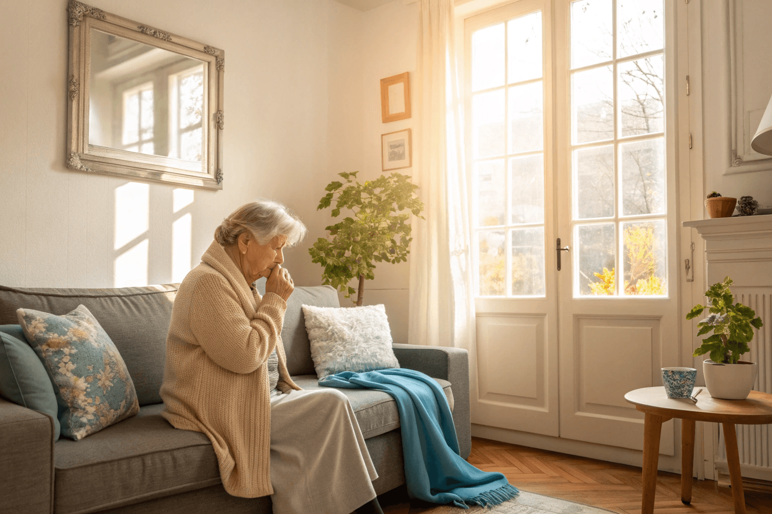 Kiné respiratoire pour BPCO à Charleroi : patiente âgée avec toux et difficultés respiratoires.