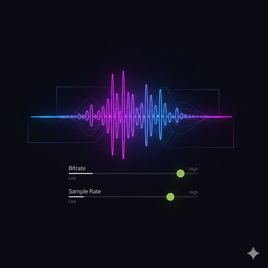 A vibrant audio waveform in pink and blue with adjustable settings for bitrate and sample rate, displayed against a dark background.