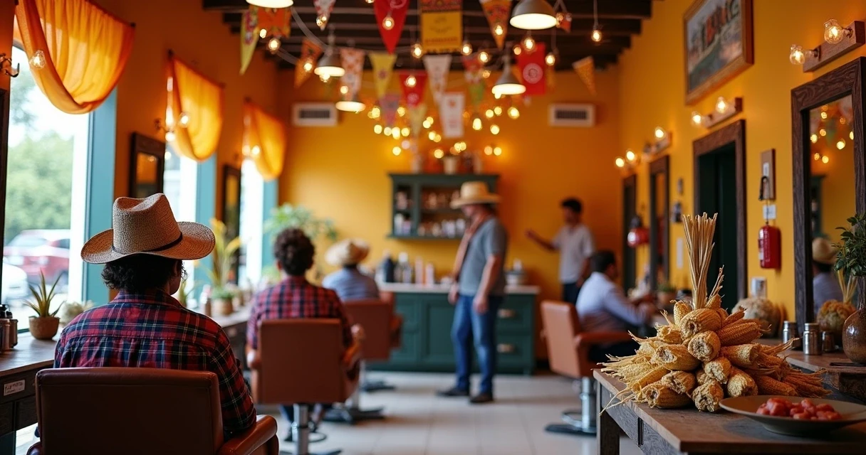 Decoração de salão de beleza com bandeirolas e elementos de festa junina 
