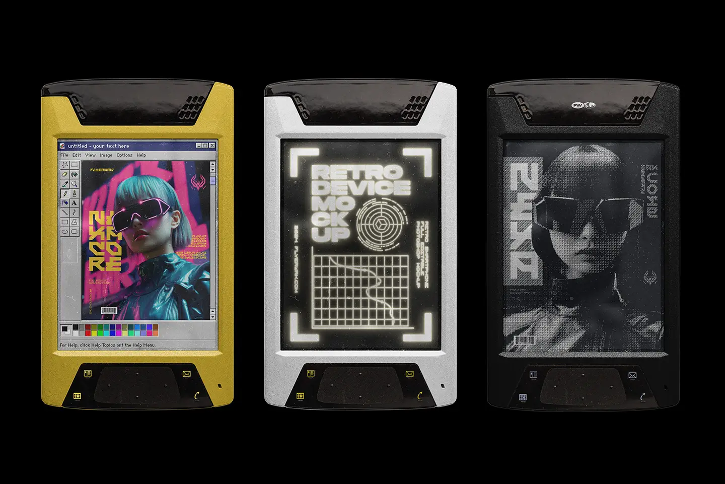 Retro mobile smart device mockup bundle showing colorful early smartphone style devices