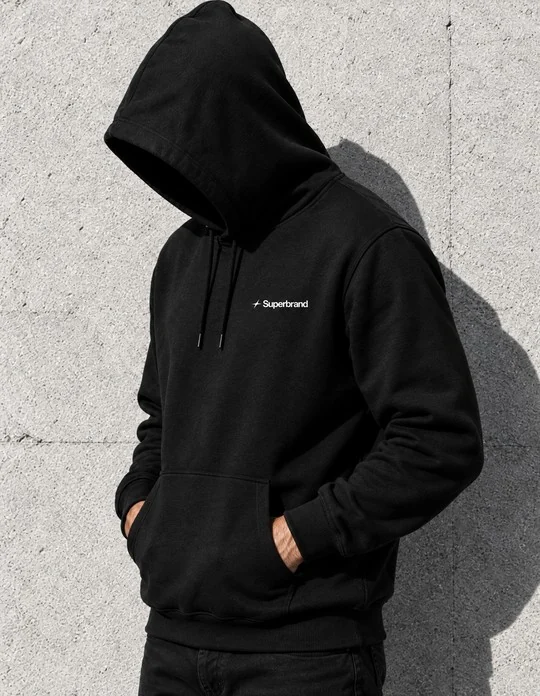 Someone in a black Superbrand hoodie, hood up, against a concrete wall.
