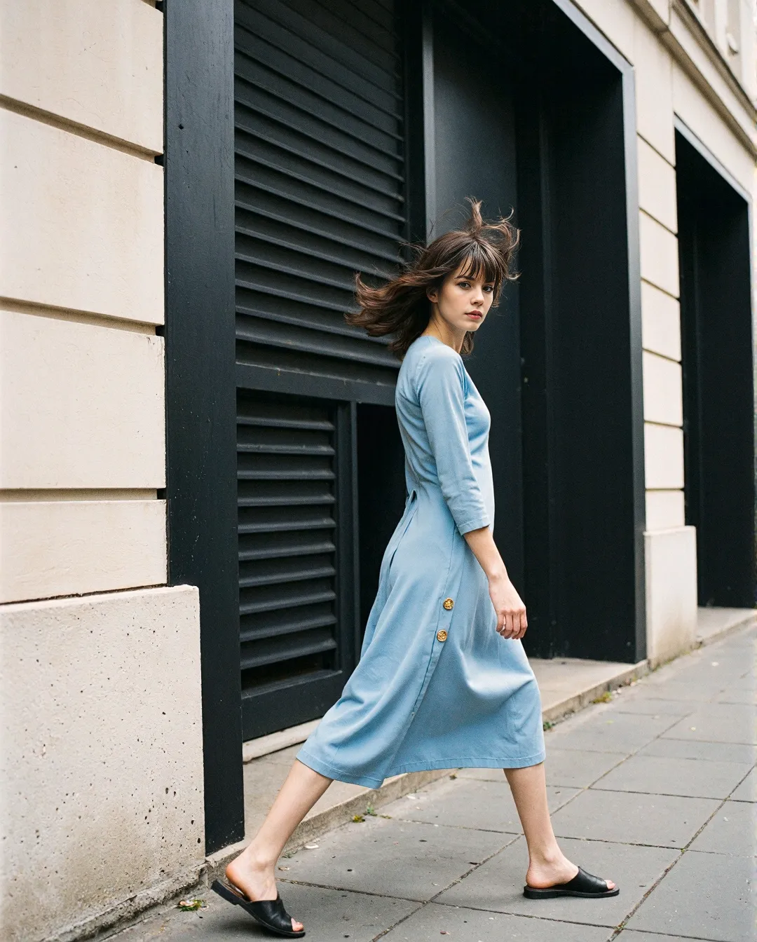 Person in powder blue midi dress with button details walking along city sidewalk, hair catching the breeze against black shutters