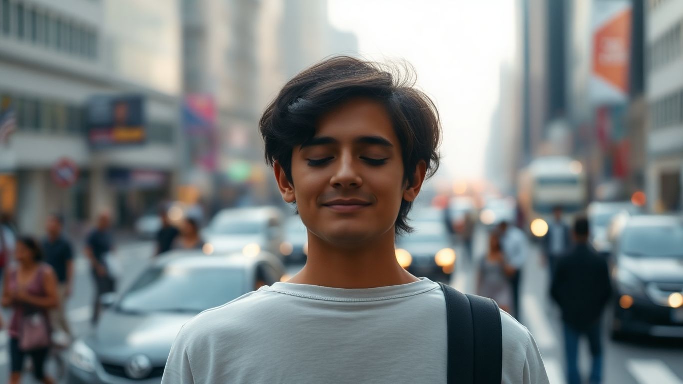 Person meditating calmly in a busy city.