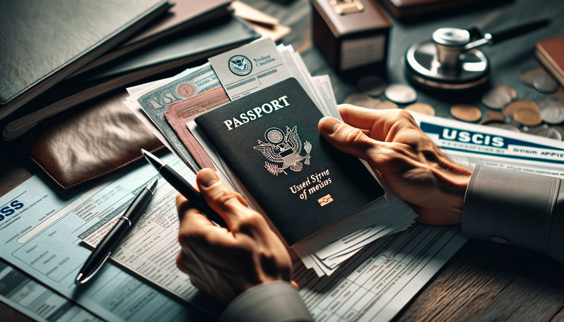 Close-up of hands holding a passport, USCIS letters, and application forms, with a pen and notepad, representing the preparation for a USCIS service request.