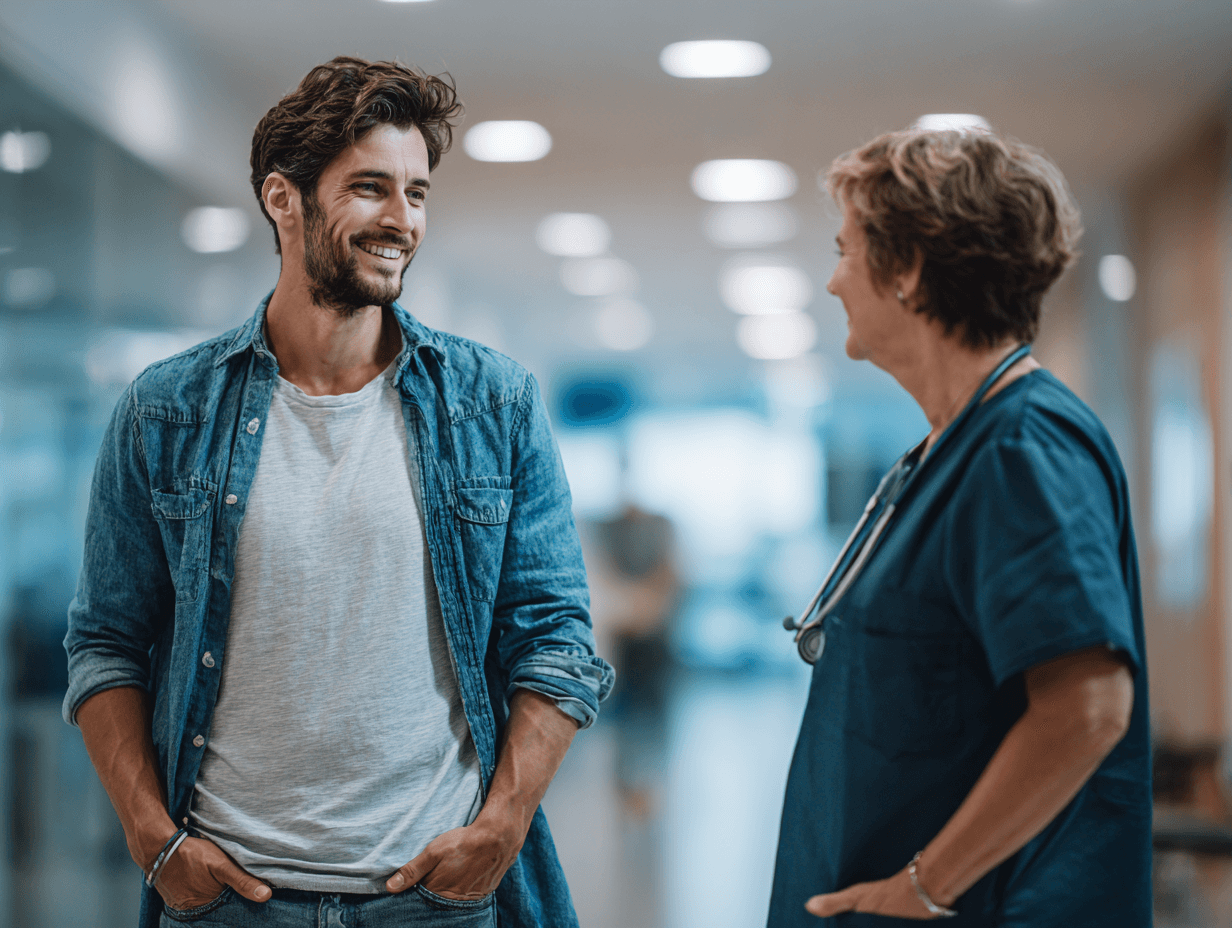A man in a denim shirt and a nurse in scrubs share a friendly conversation in a hospital hallway, conveying a warm, positive atmosphere.