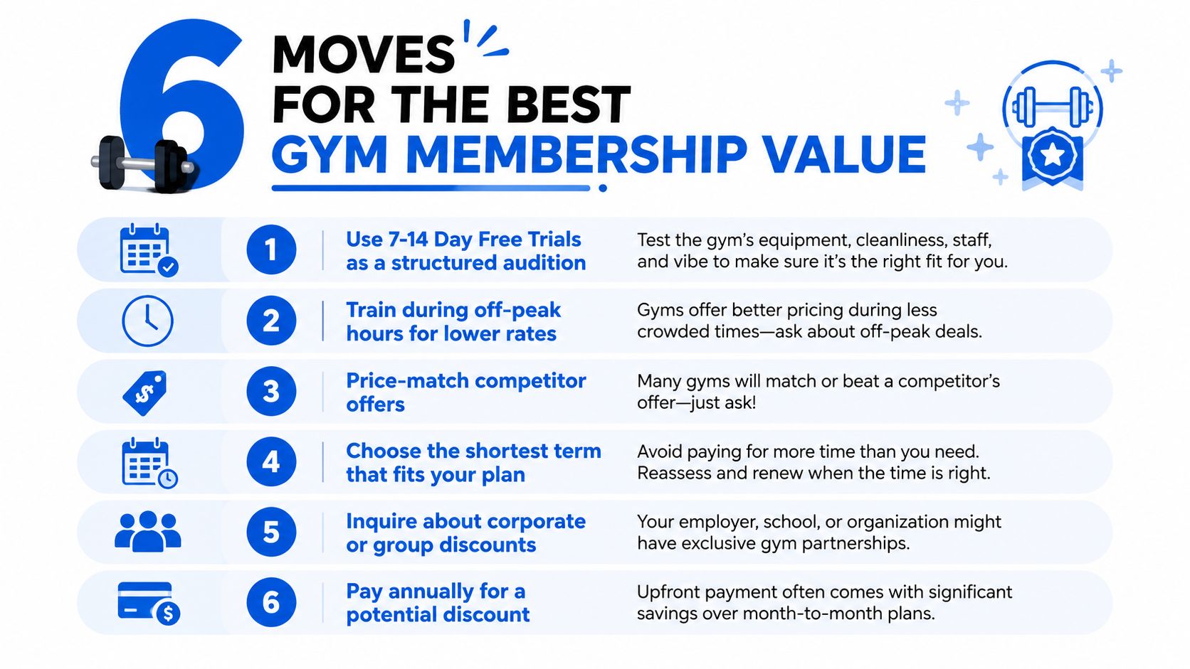 An infographic listing six actionable tips for obtaining the best value on a gym membership subscription.