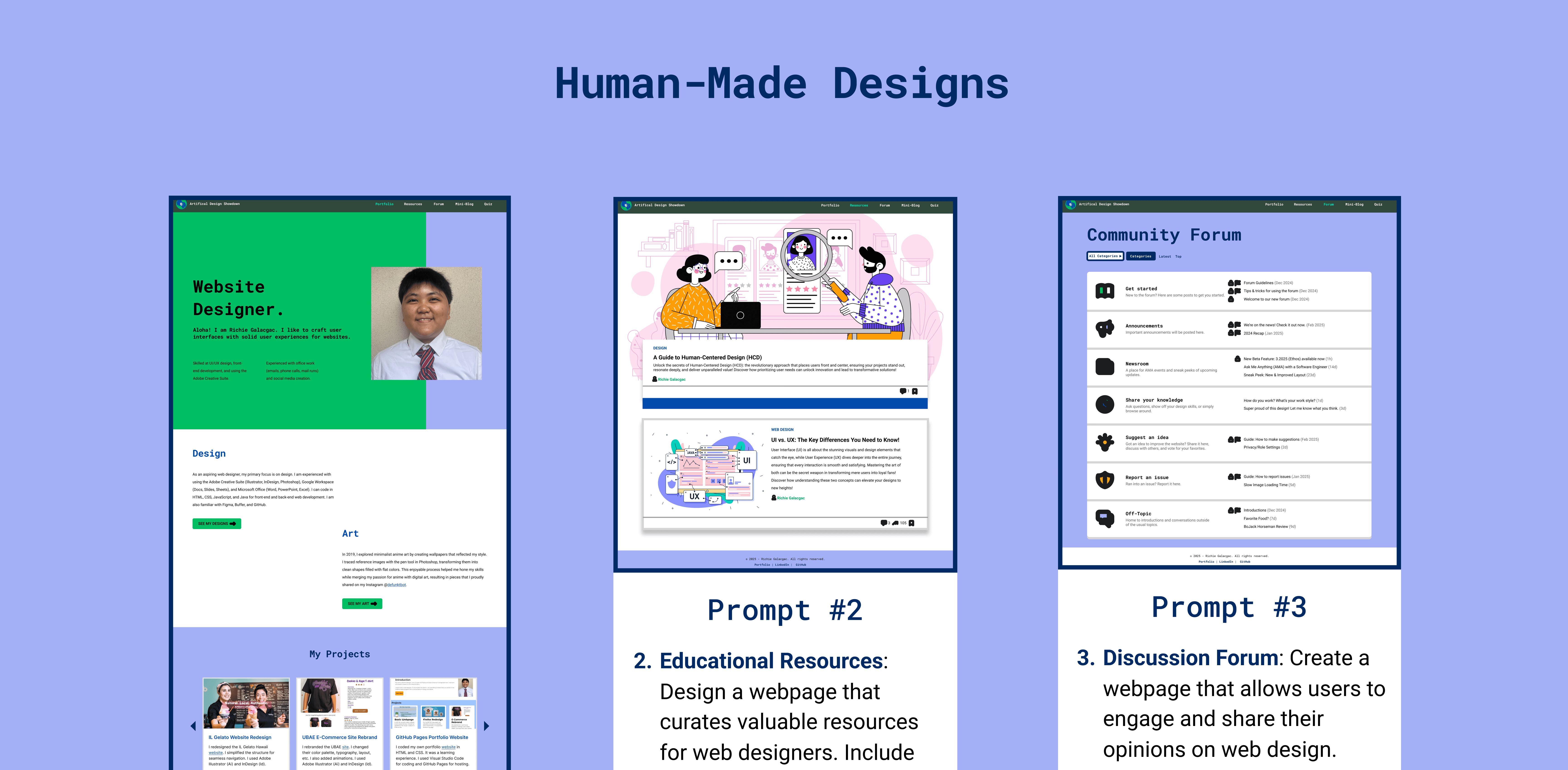 Three screenshots displaying features of an online platform, with a light blue background and informational icons.