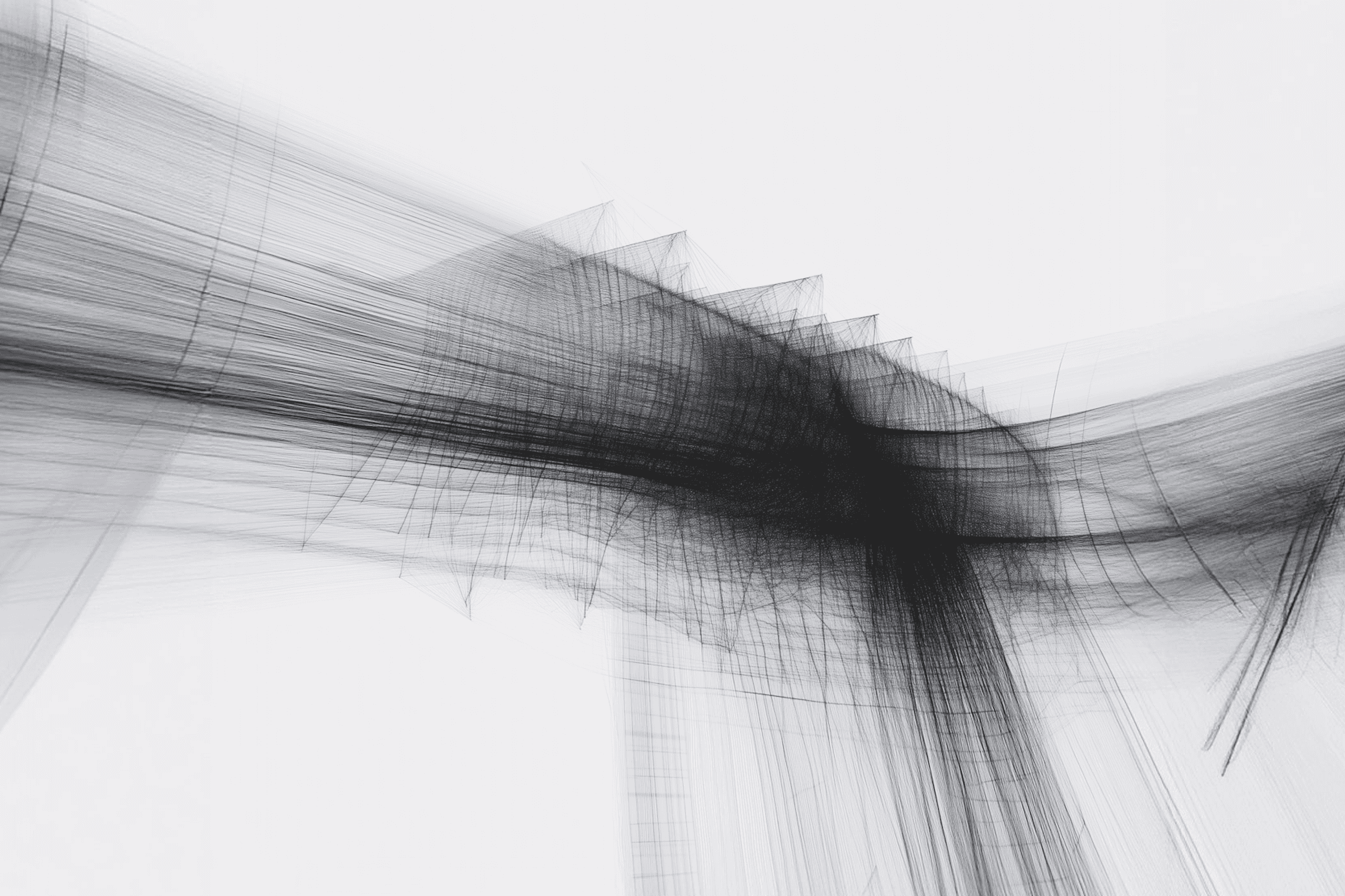 Abstract digital art with intersecting black lines on a white background, creating a minimalist and dynamic composition.