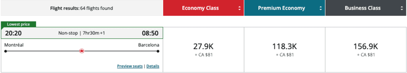 Montreal to Barcelona Air Canada flight