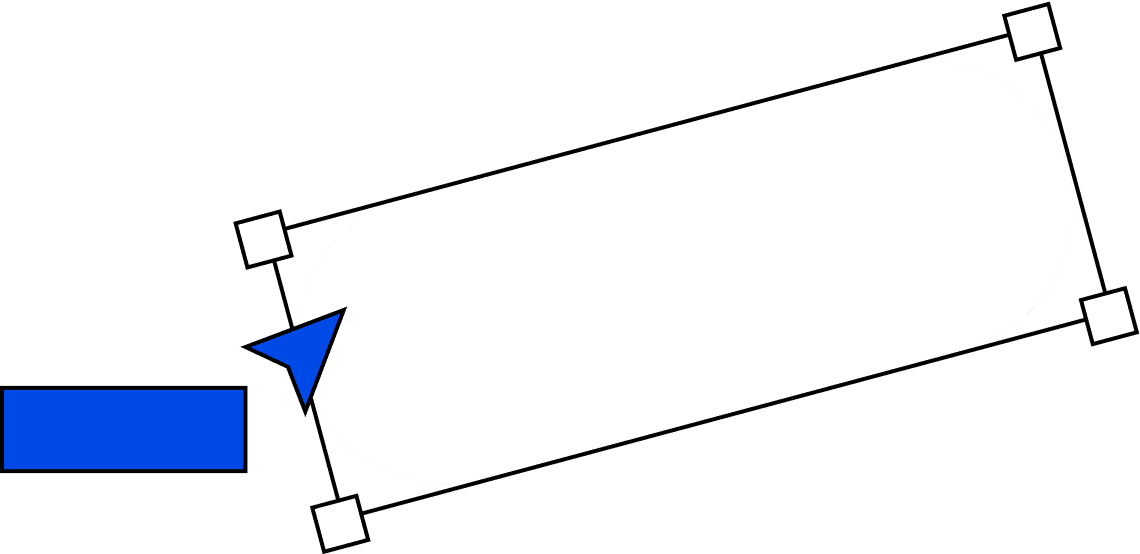 A diagram features a white, elongated oval rotated at an angle, bordered with small square nodes at each corner indicating it's selectable, adjacent to a blue rectangle with a blue triangular arrow pointing towards the oval.