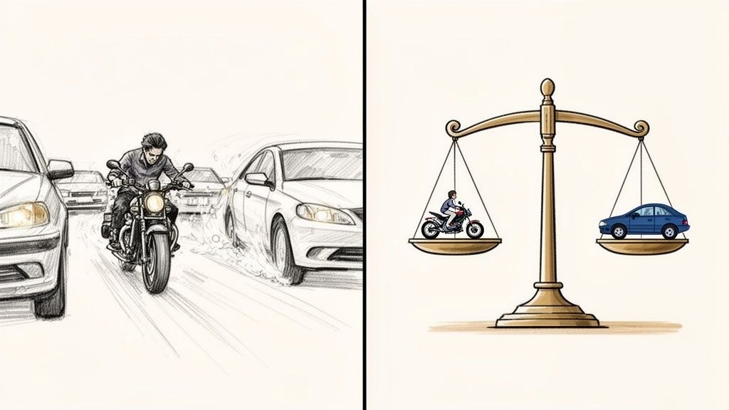 Illustration showing a motorcyclist lane splitting through cars and a balanced scale comparing a motorcycle and a car.