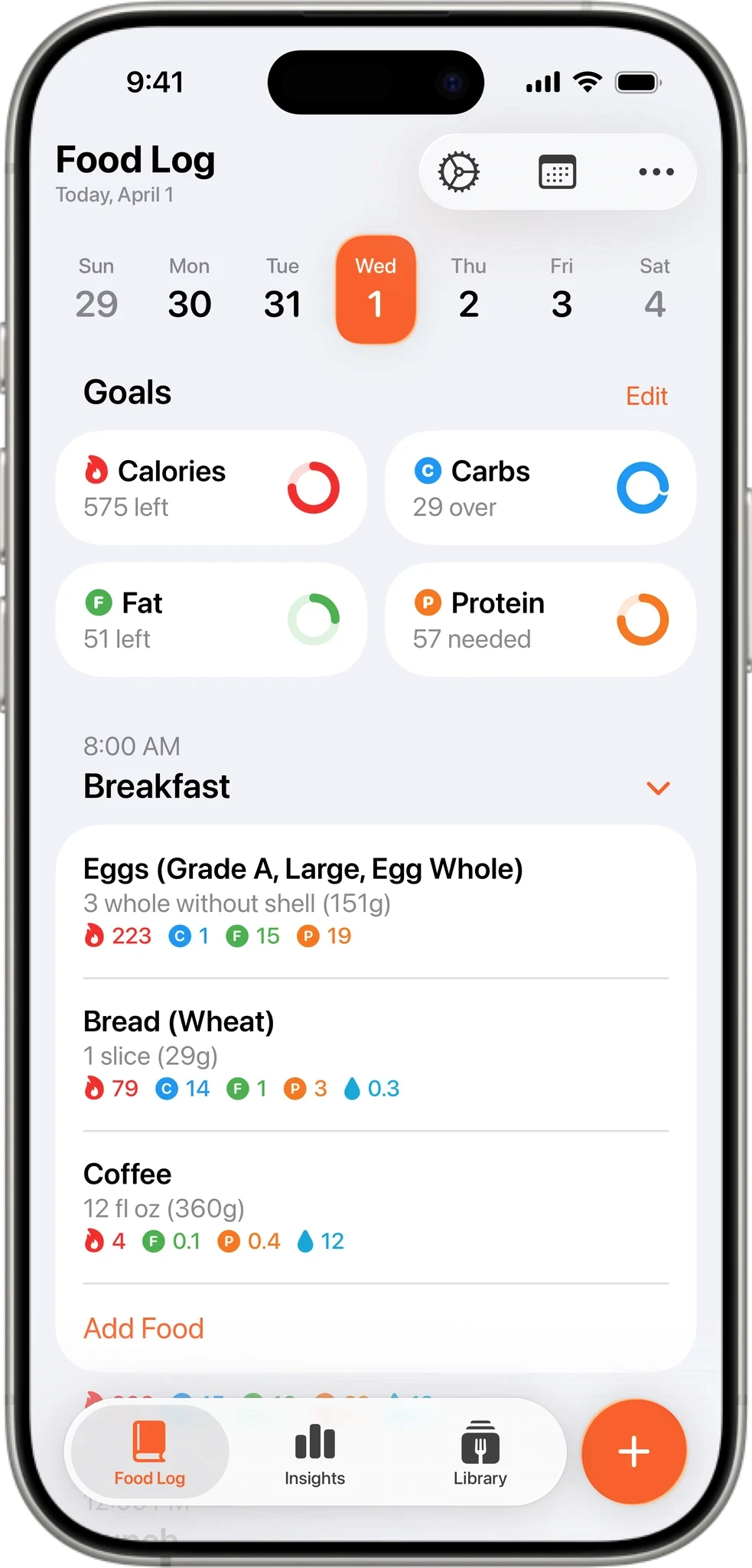 Foodnoms food diary showing daily meal log with calories, carbs, fat, and protein tracking for breakfast and lunch