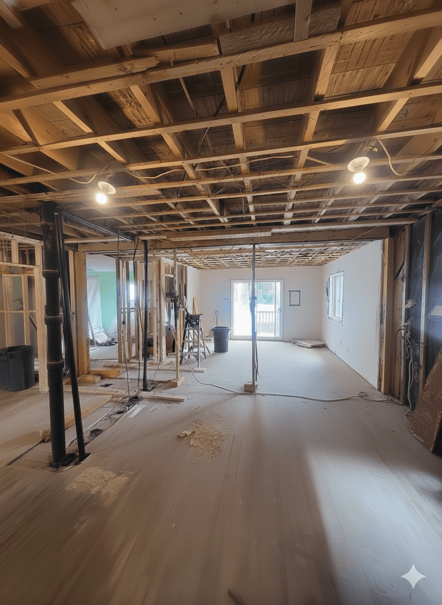 Agrandissement de maison. Les plafonds ont été retirés, laissant apparaître les solives. Un mur a été enlevé pour ouvrir l'espace. Il y a une porte-patio tout au fond de la pièce. Tous les murs on été défaits, exposant la tuyauterie. Le plancher est sur le plywood.