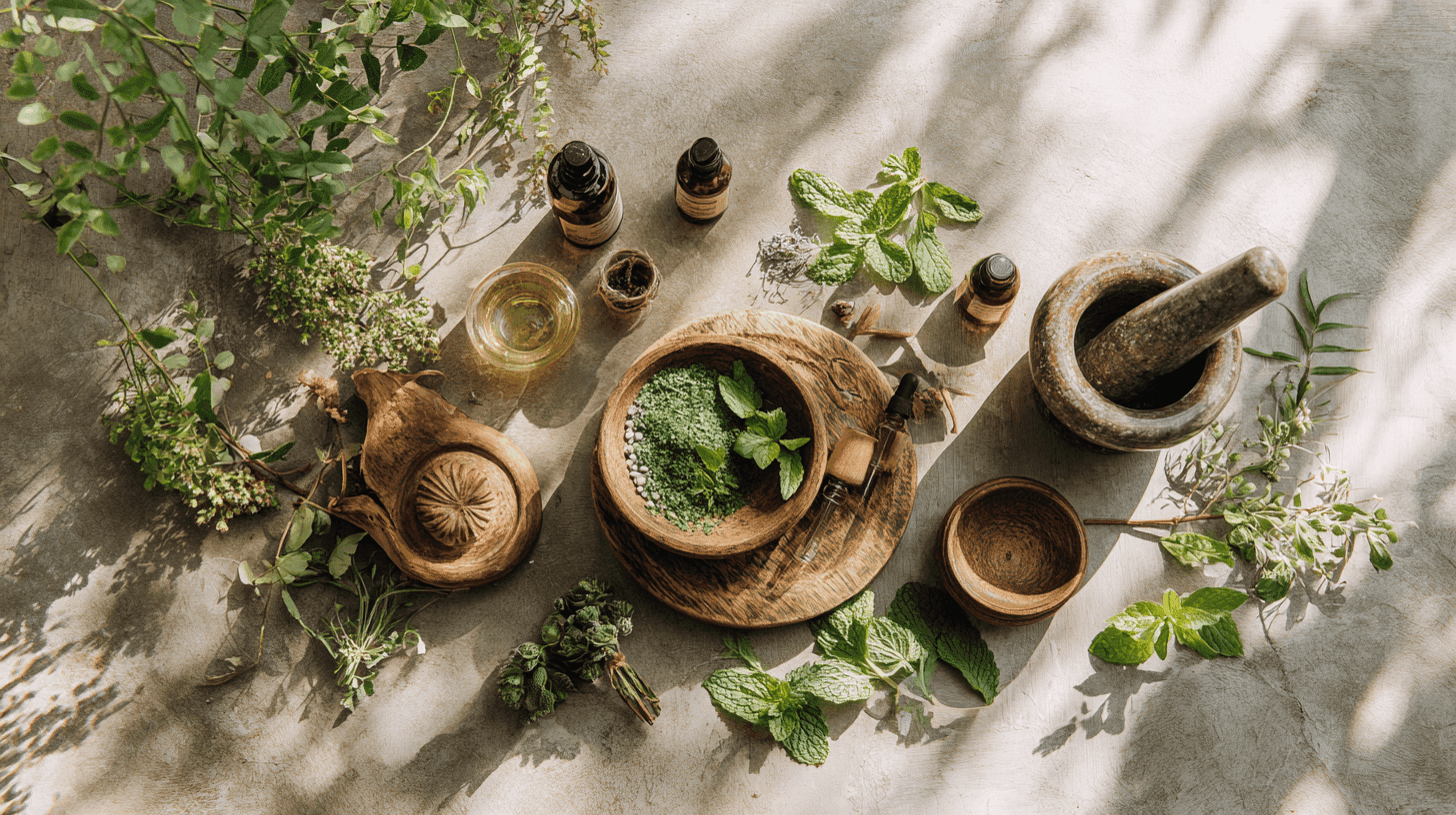flat lay of herbal wellness tools, apothecary herbs, tinctures, wooden bowls, fresh leaves, mortar and pestle, sunlight streaming across natural textures, soothing green palette, clean editorial aesthetic, modern holistic wellness imagery | Praana Health