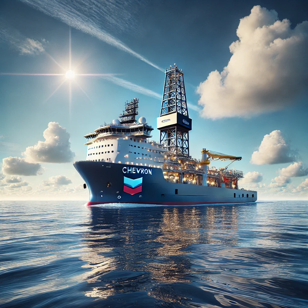 A modern offshore exploration vessel navigating the Mediterranean Sea under a clear sky, symbolizing Chevron’s collaboration with Algeria to unlock hydrocarbon potential in the region.