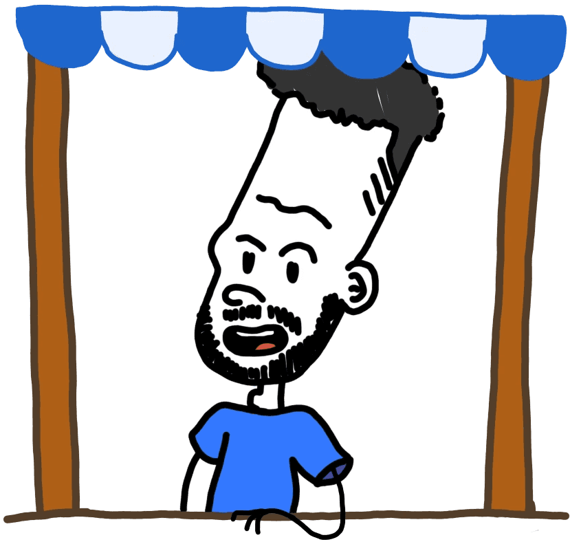 Caricature d'Ilies MANATA, Développeur Expert Framer & Ux / Ui Designer, Freelance, Nord qui tiens une échoppe